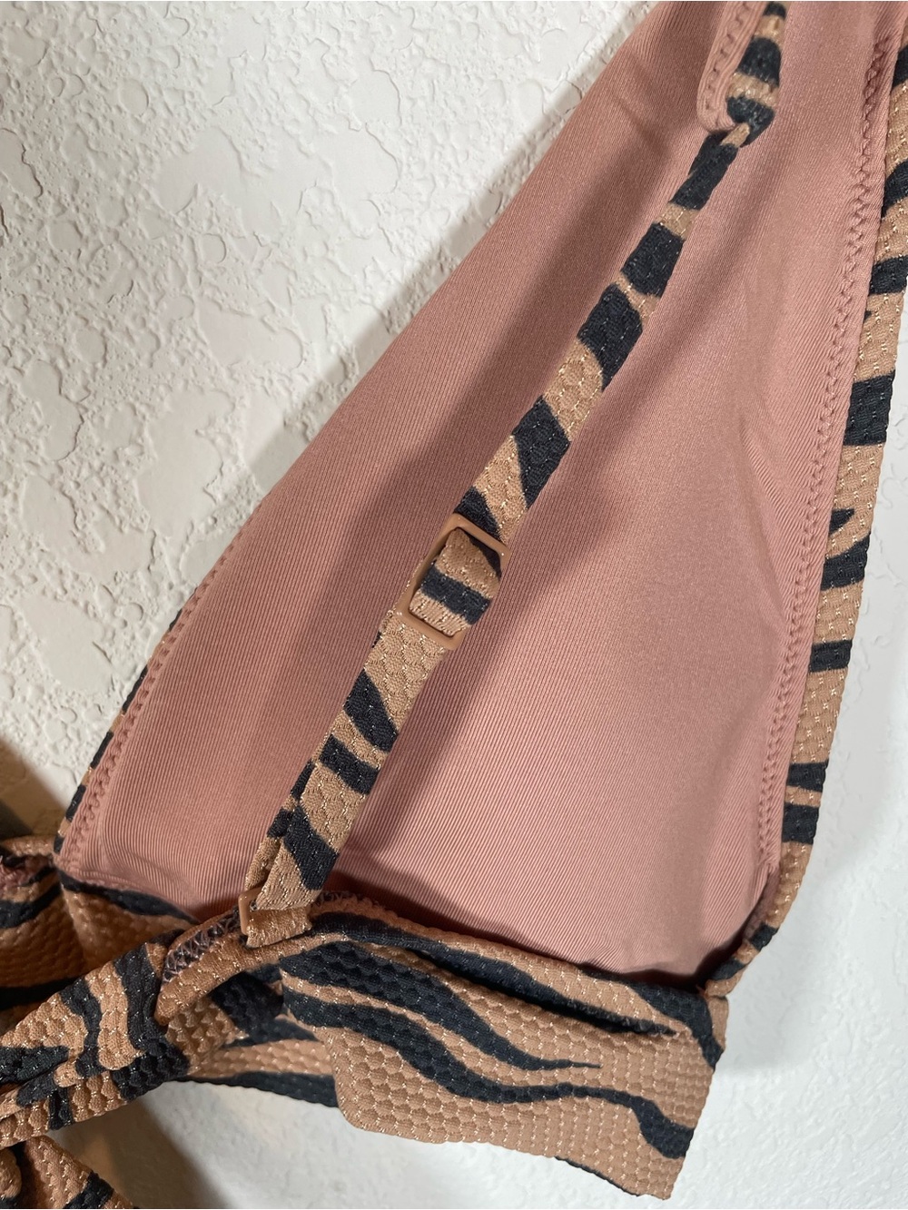 Aerie Pique Tiger Stripe Tie Front Longline Triangle Bikini Top Black / Brown - Picture 6 of 7